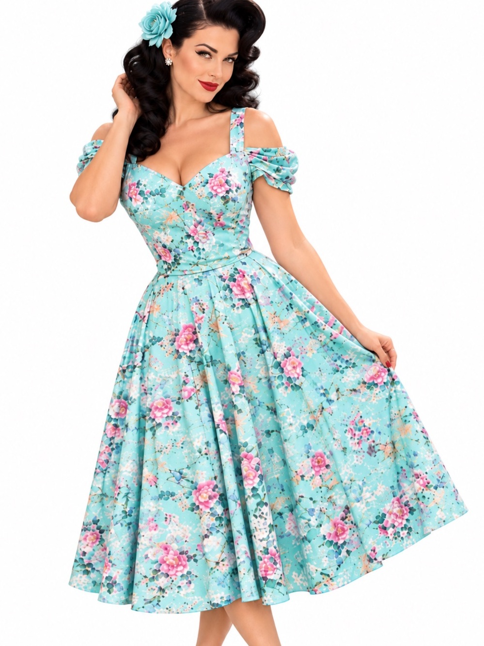 Hell Bunny Aqua Floral Off-Shoulder Midi Dress Pink Bloom Print Whimsigoth